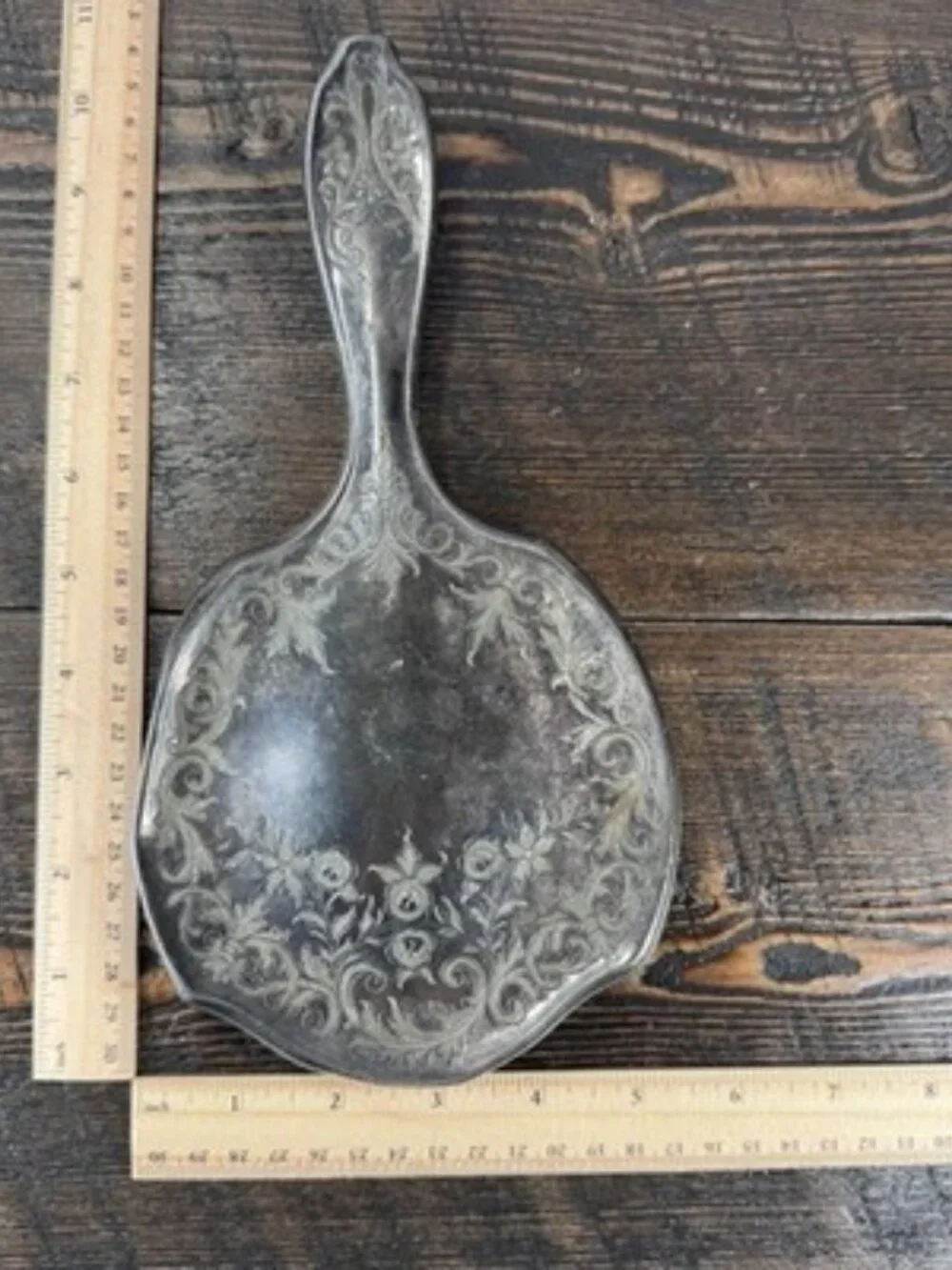 Vintage Handheld Vanity Mirror Floral Etched Metal Frame Tarnished Silver